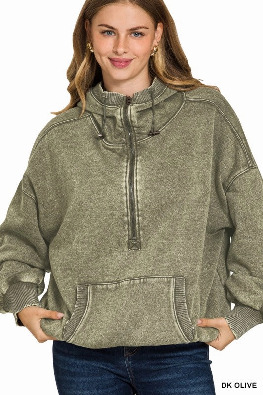 Wendy Washed Drawstring Hem Half Zip Kangaroo Hoodie UV Protective Coating OdorResistant