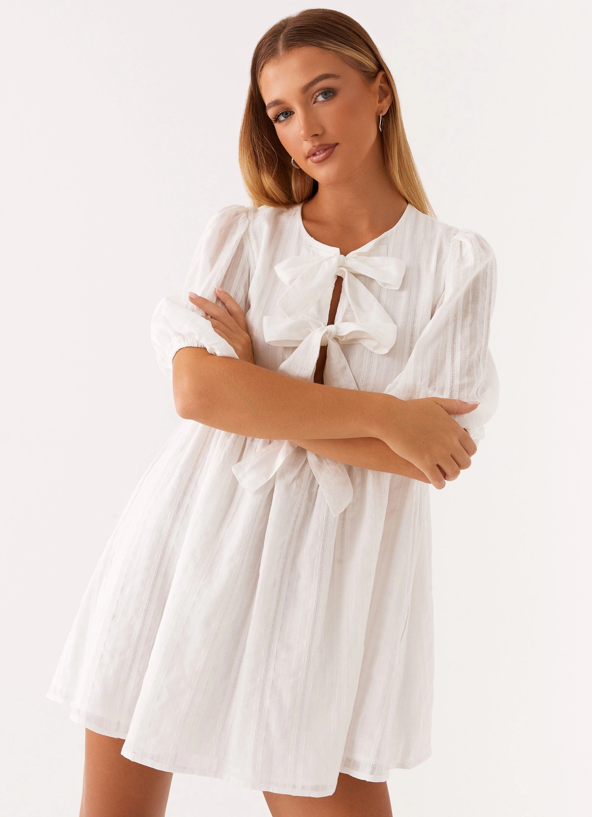 Western Wind Tie Mini Dress - White Crisp Finish Live Soft