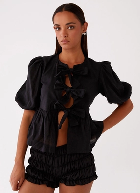 Western Wind Tie Top - Black Casual Jacket ElasticTrimming