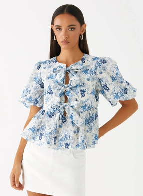 Western Wind Tie Top - Serene Sky Floral Layered Hemline Soft Touch Feel