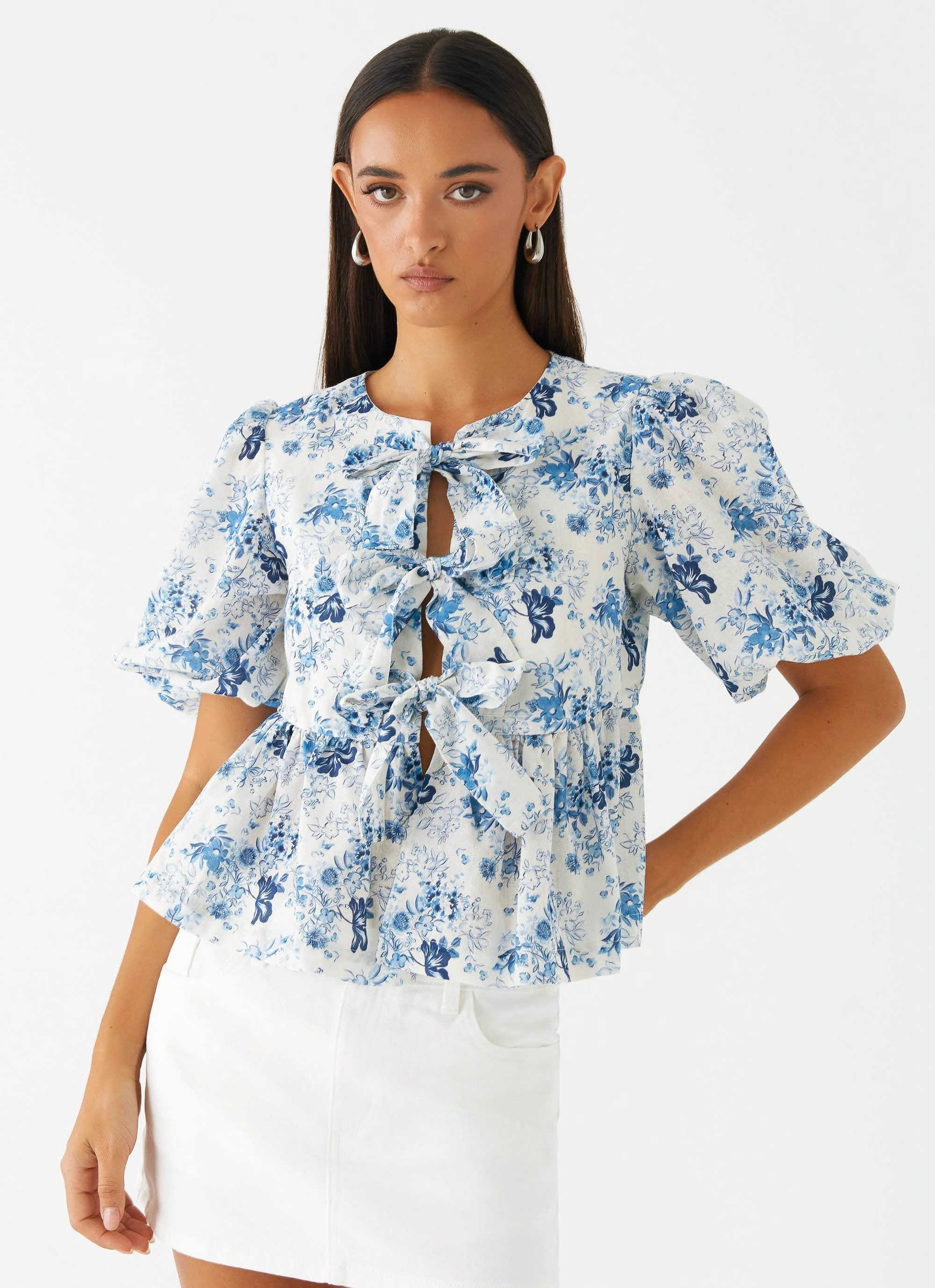 Western Wind Tie Top - Serene Sky Floral Layered Hemline Soft Touch Feel