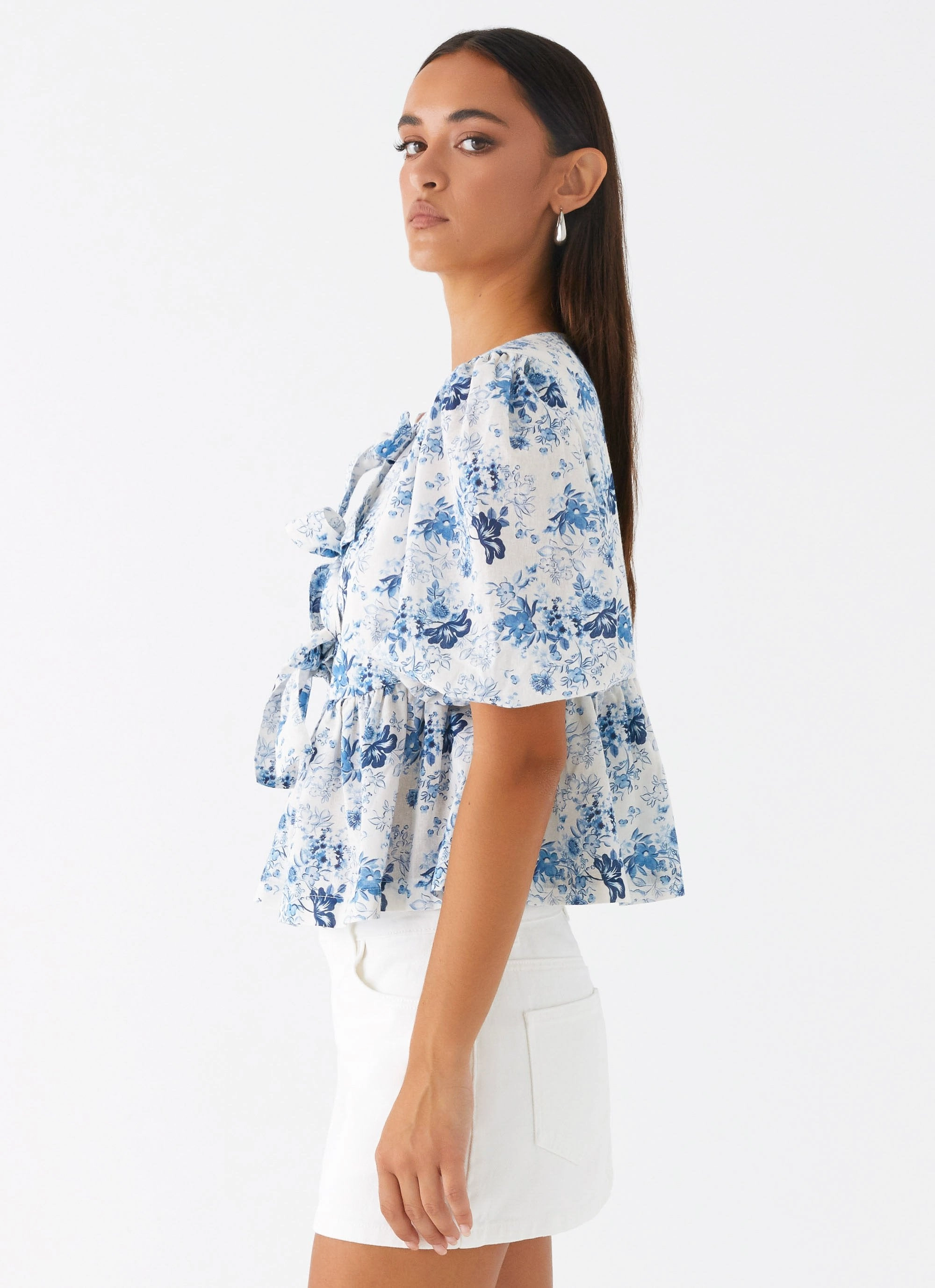 Western Wind Tie Top - Serene Sky Floral Multi Directional Zipper Placement Minimalist Cuff