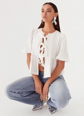 Western Wind Tie Top - White DoubleStitched Flexible Ribbing