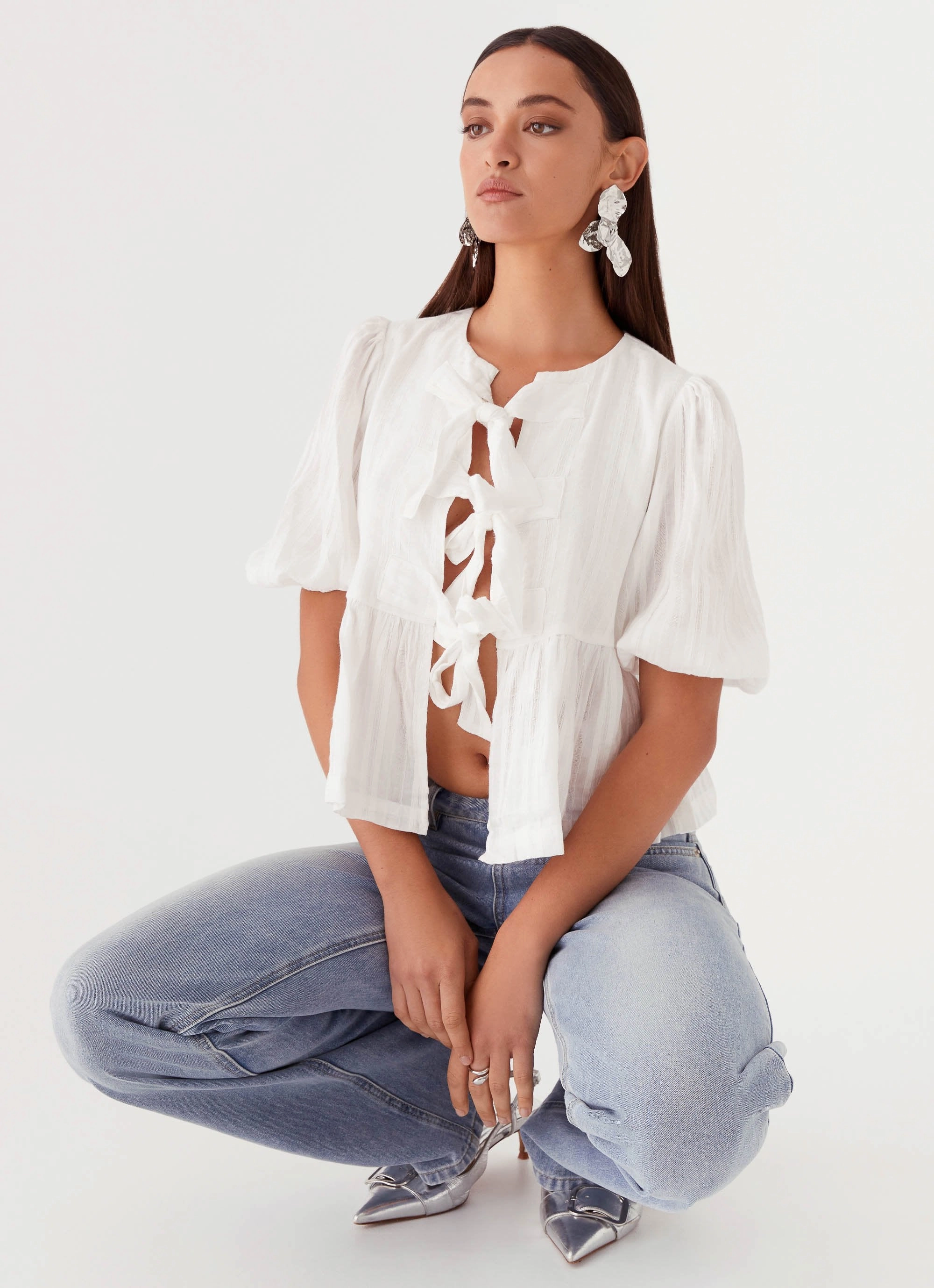 Western Wind Tie Top - White DoubleStitched Flexible Ribbing