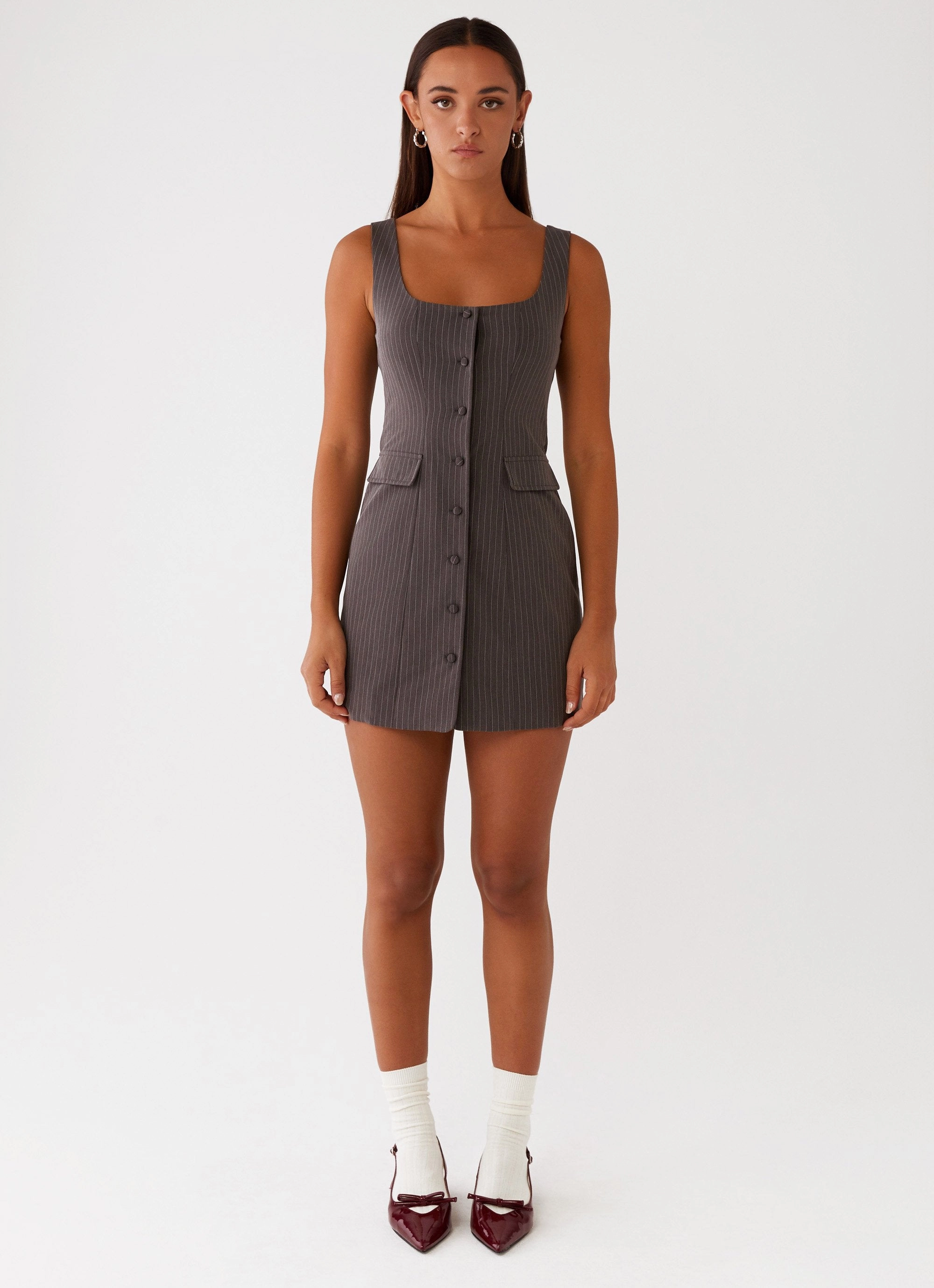 spring outfit Smooth Line Westwood Mini Dress - Grey Pinstripe
