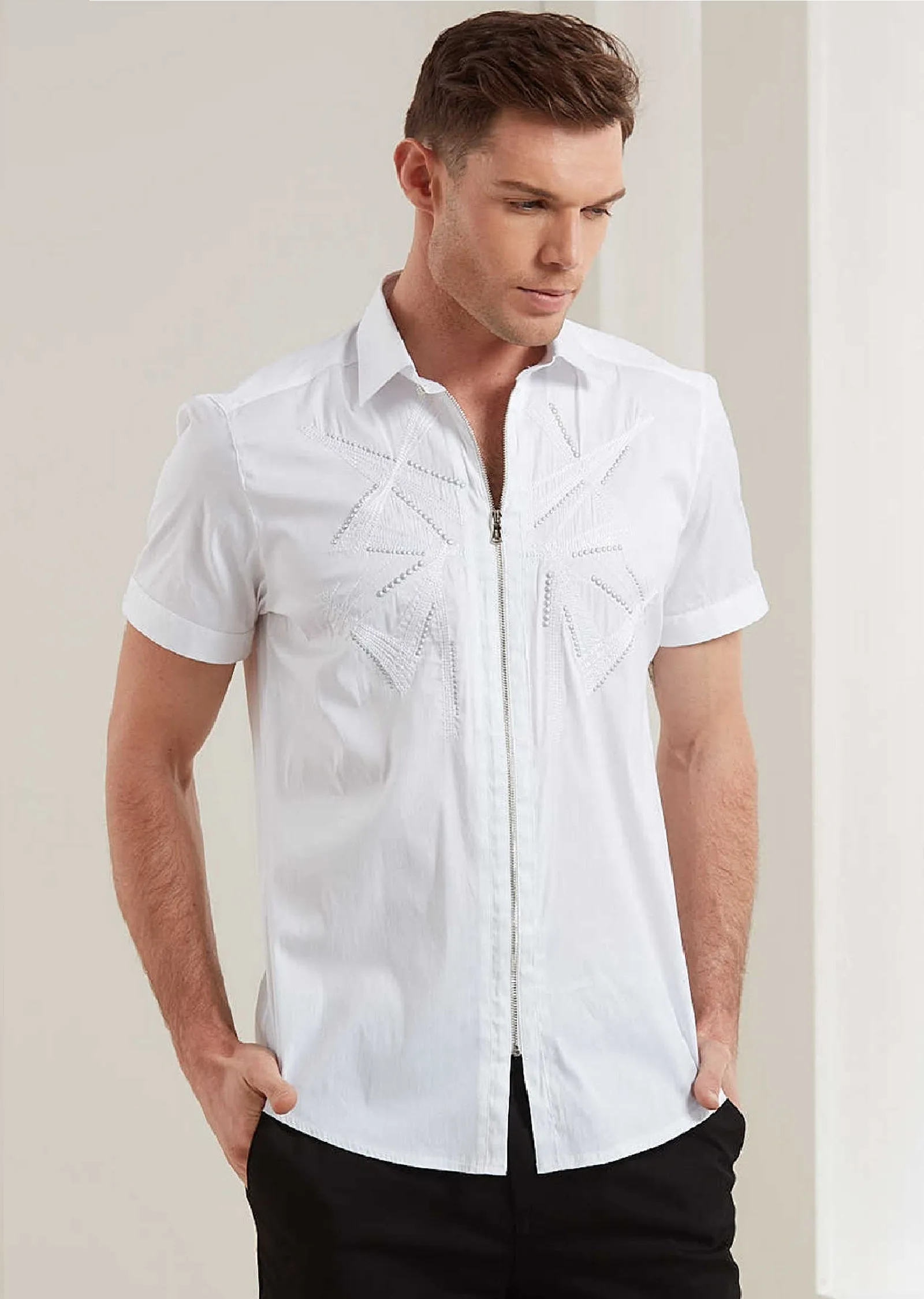 White Embroidery Studded Zipper Shirt