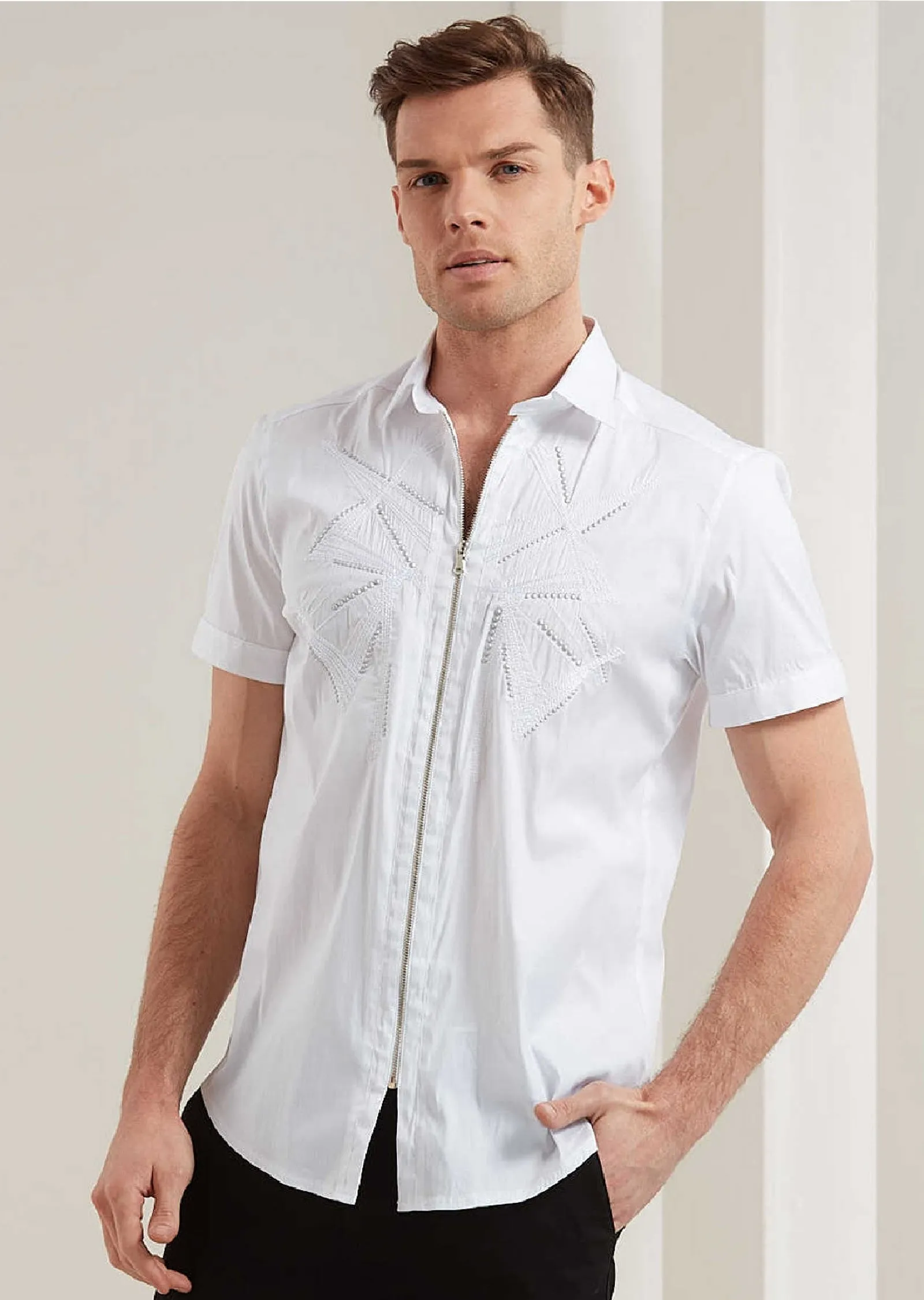 White Embroidery Studded Zipper Shirt