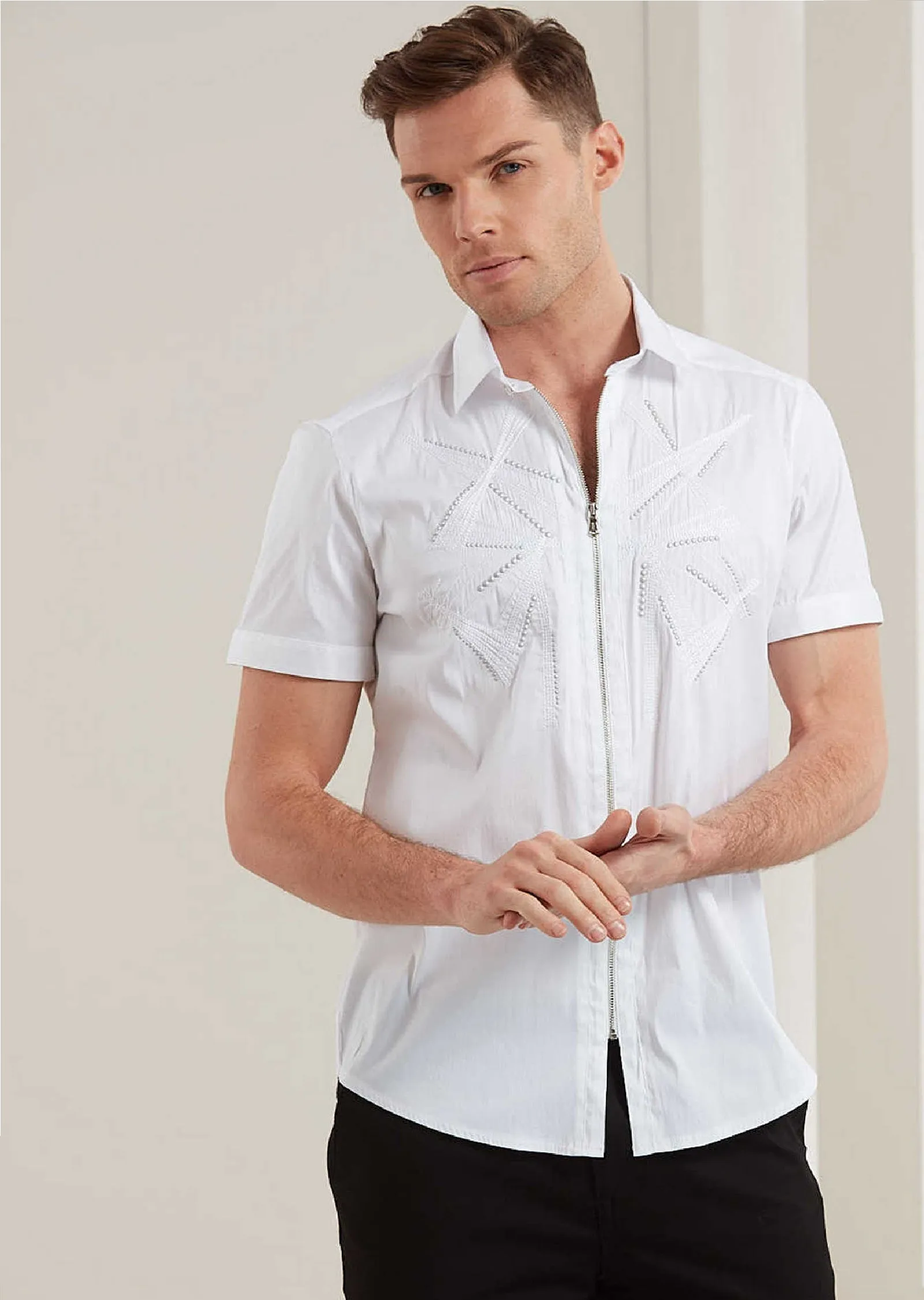 White Embroidery Studded Zipper Shirt