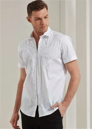 White Embroidery Studded Zipper Shirt