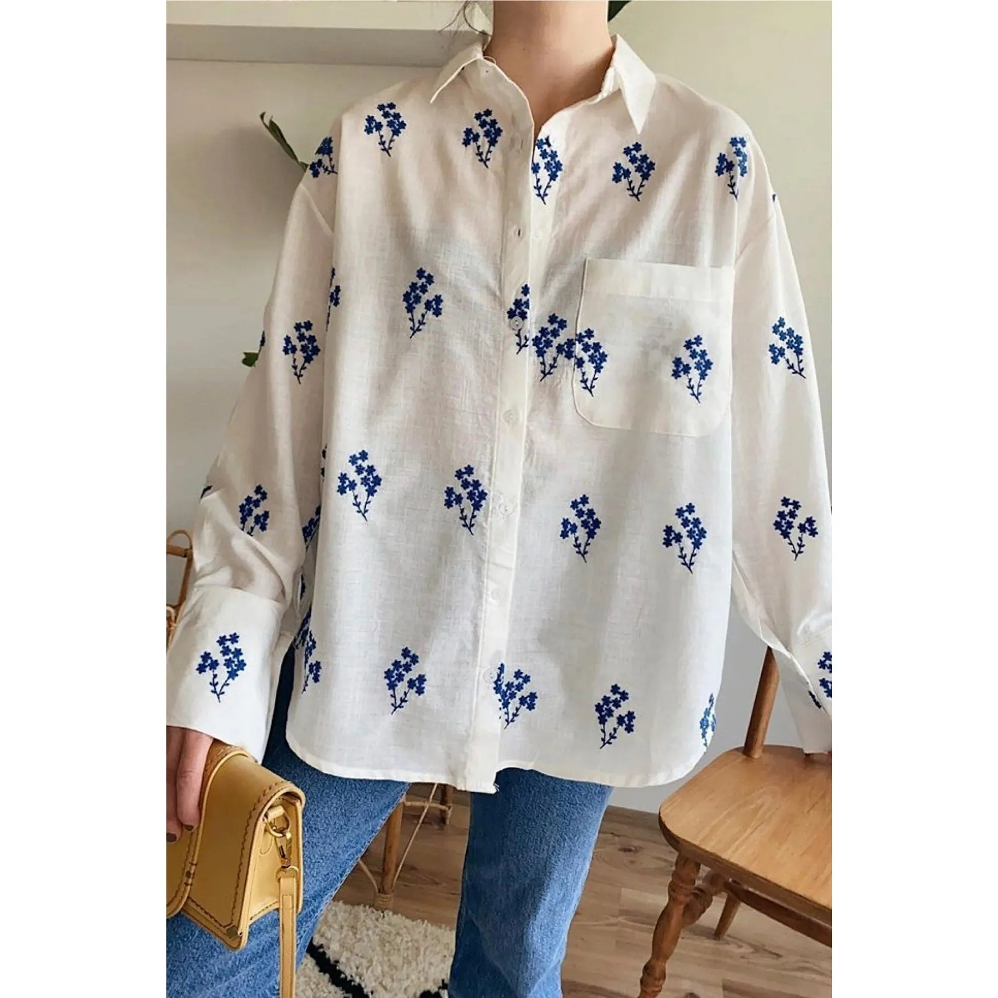 White Floral Embroidered Linen Vintage Woman Shirt,Blouse Vintage, Gift For Her,Collar Blouse,Linen Blouse,Boho Blouse