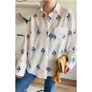 White Floral Embroidered Linen Vintage Woman Shirt,Blouse Vintage, Gift For Her,Collar Blouse,Linen Blouse,Boho Blouse