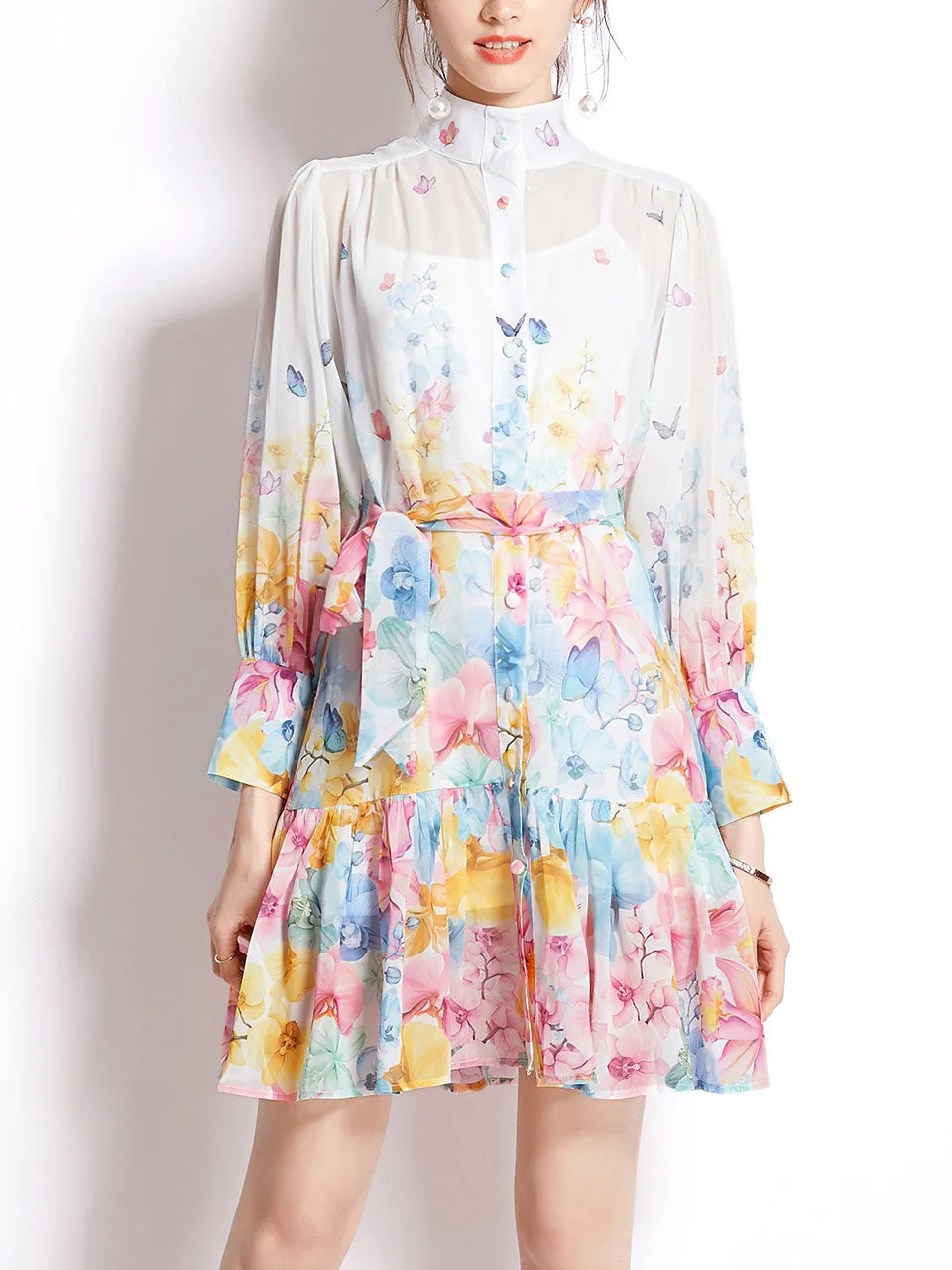 White High Collar Floral Print Long Sleeve Boho Dress Mini Dress