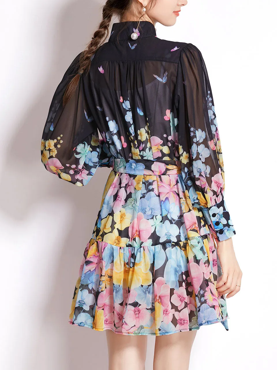 White High Collar Floral Print Long Sleeve Boho Dress Mini Dress