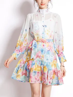 White High Collar Floral Print Long Sleeve Boho Dress Mini Dress
