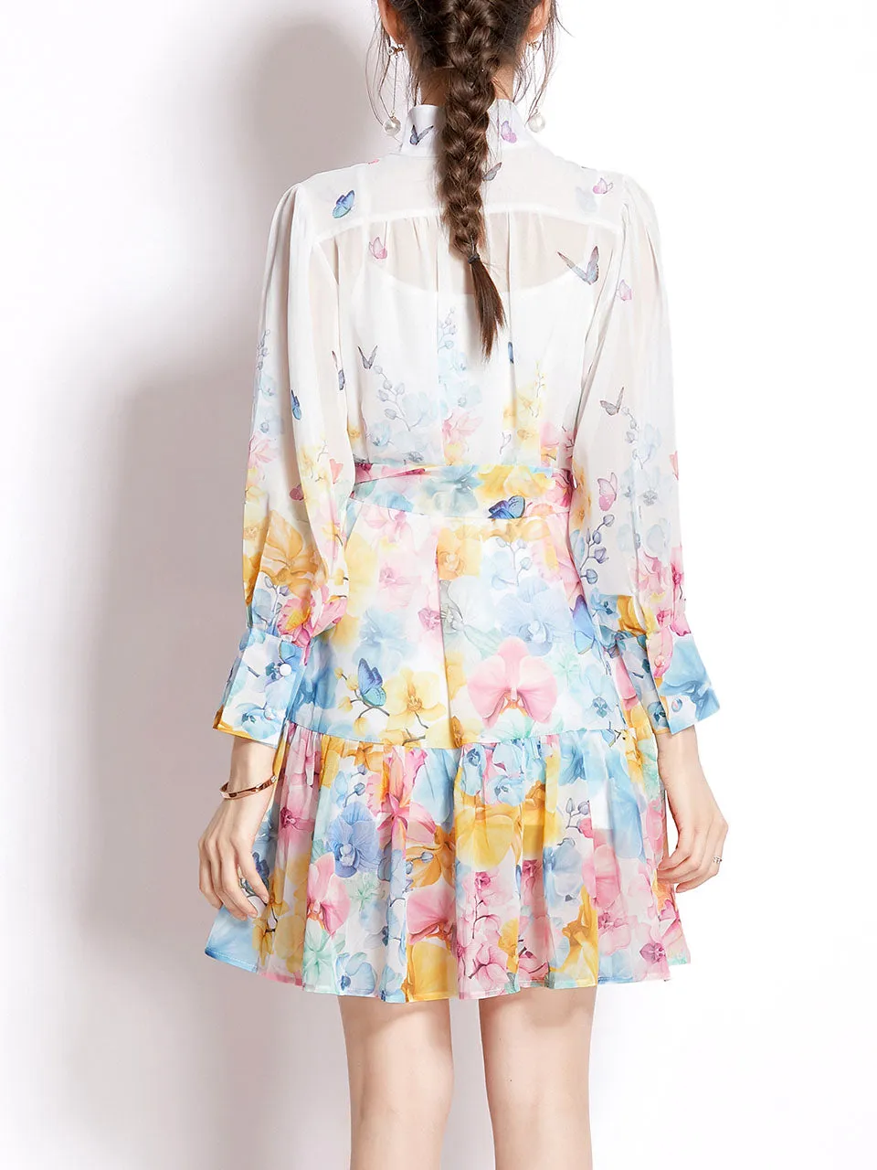 White High Collar Floral Print Long Sleeve Boho Dress Mini Dress