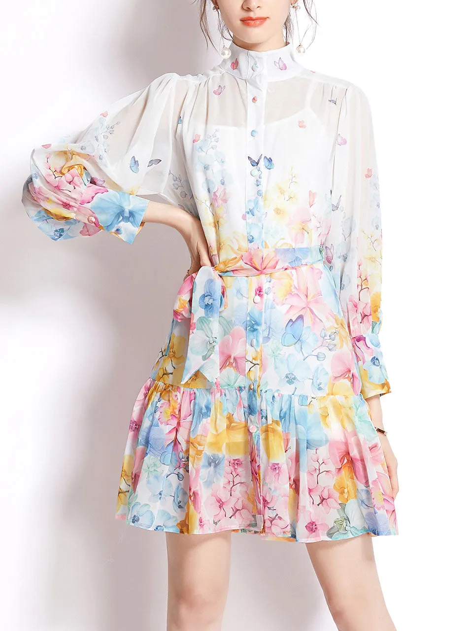 White High Collar Floral Print Long Sleeve Boho Dress Mini Dress