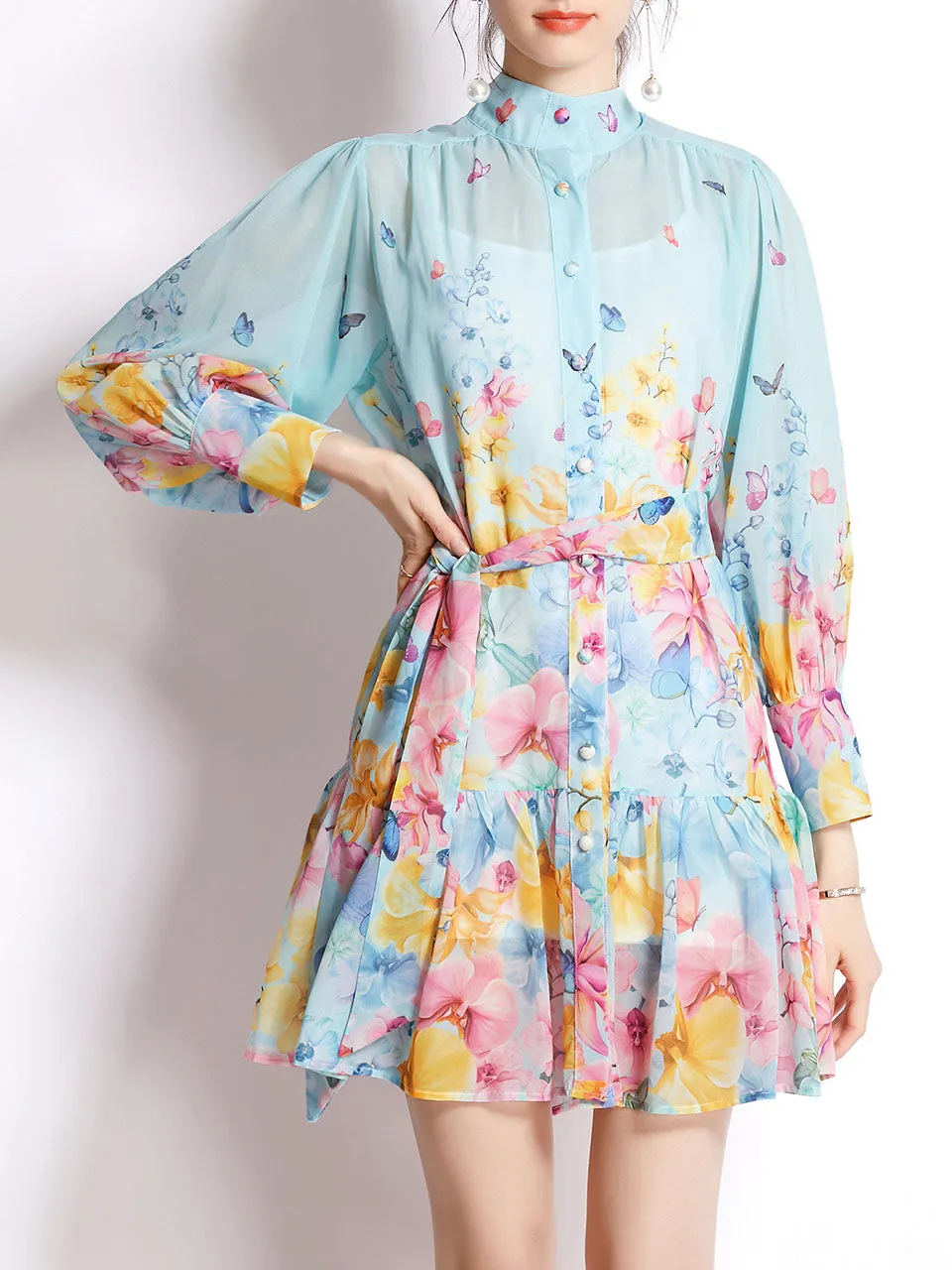 White High Collar Floral Print Long Sleeve Boho Dress Mini Dress