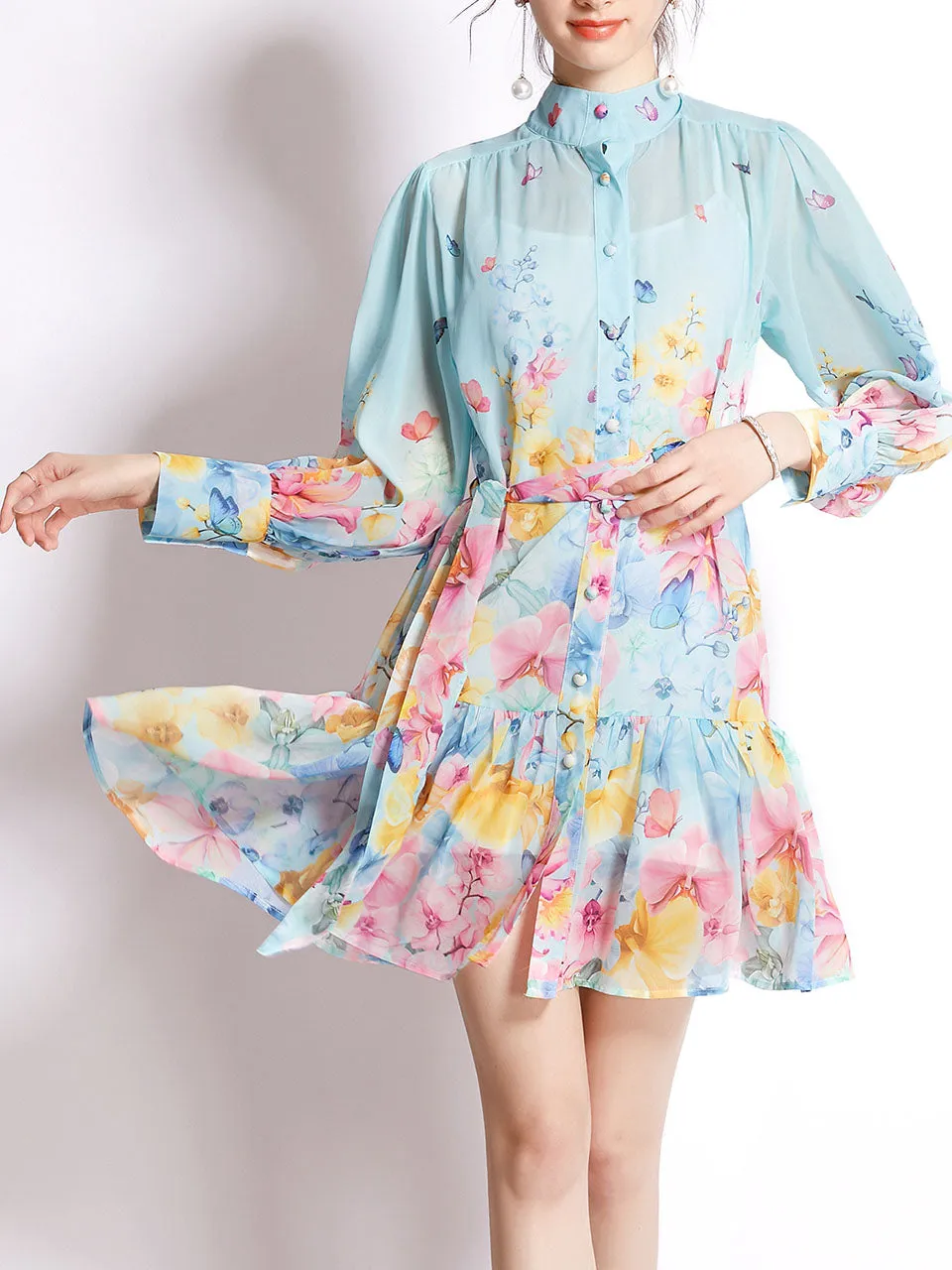 White High Collar Floral Print Long Sleeve Boho Dress Mini Dress