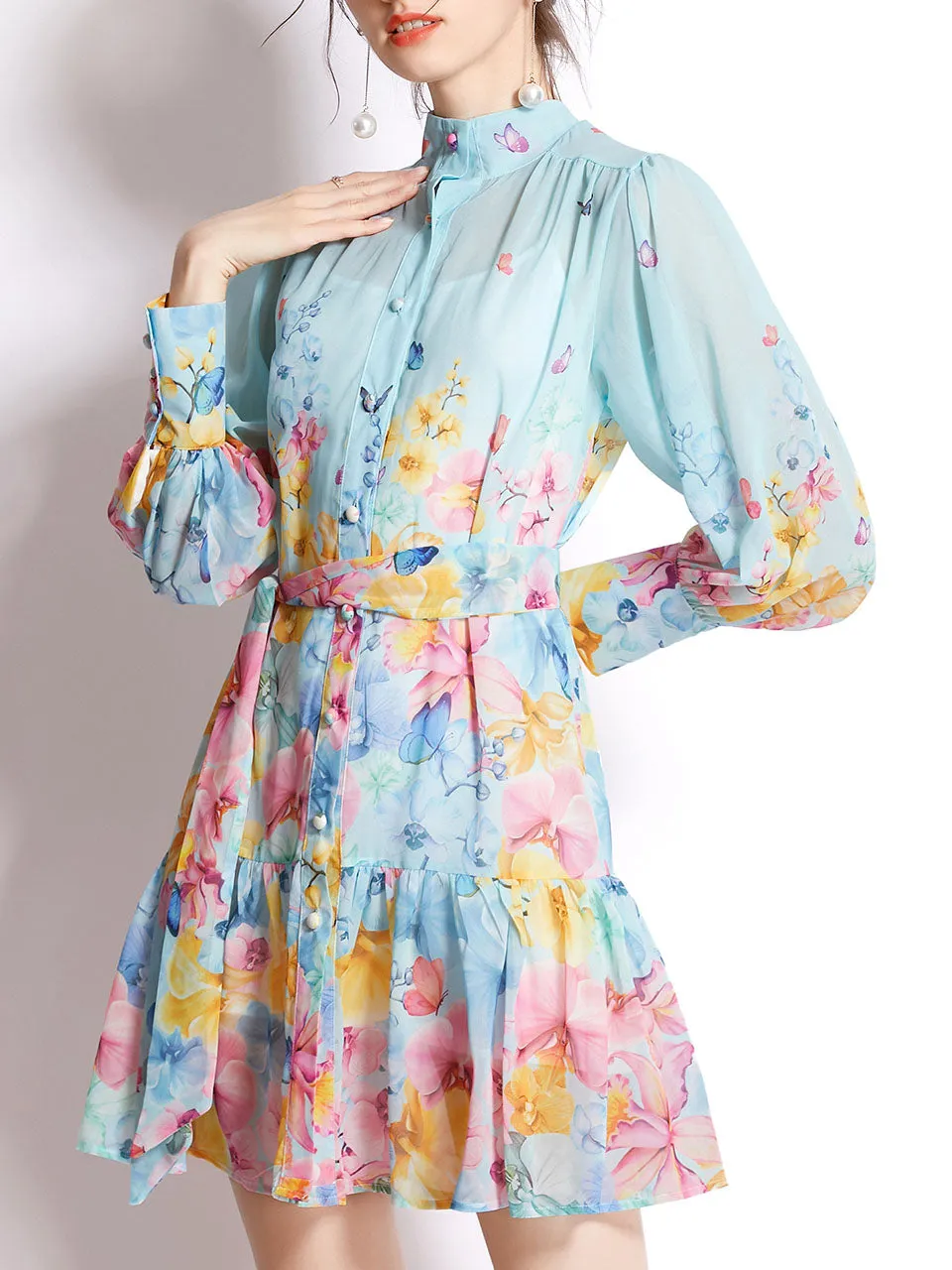 White High Collar Floral Print Long Sleeve Boho Dress Mini Dress
