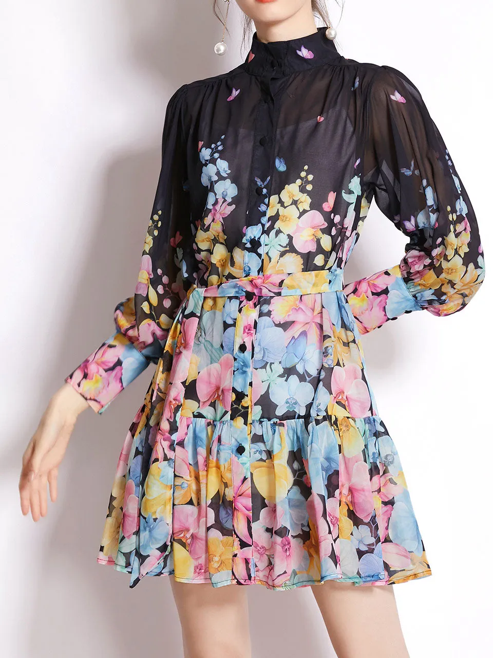 White High Collar Floral Print Long Sleeve Boho Dress Mini Dress