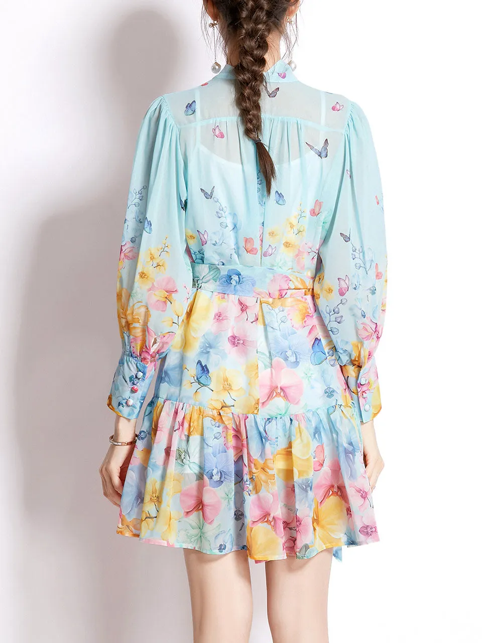 White High Collar Floral Print Long Sleeve Boho Dress Mini Dress