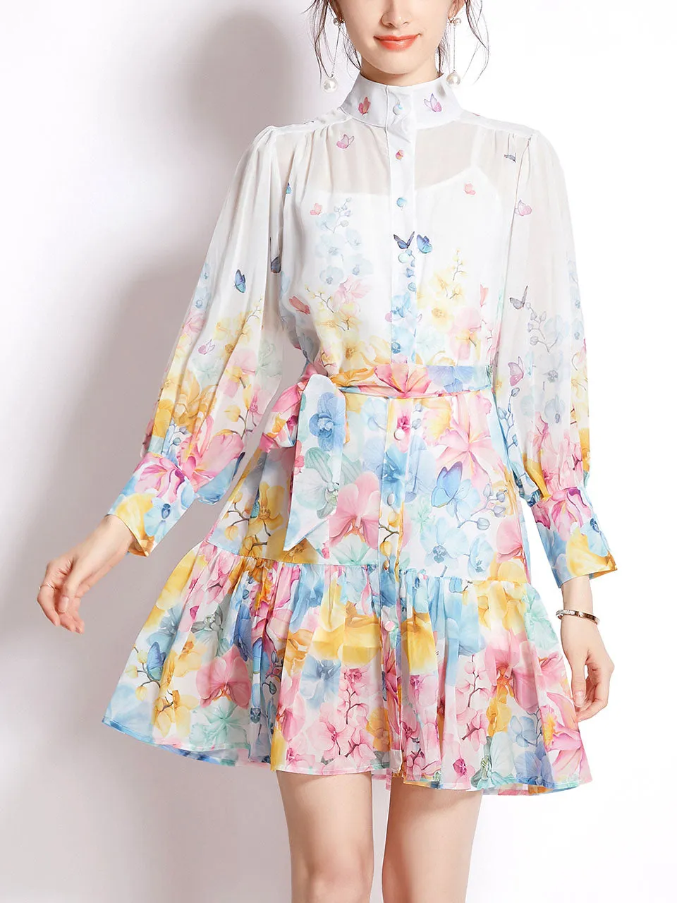 White High Collar Floral Print Long Sleeve Boho Dress Mini Dress