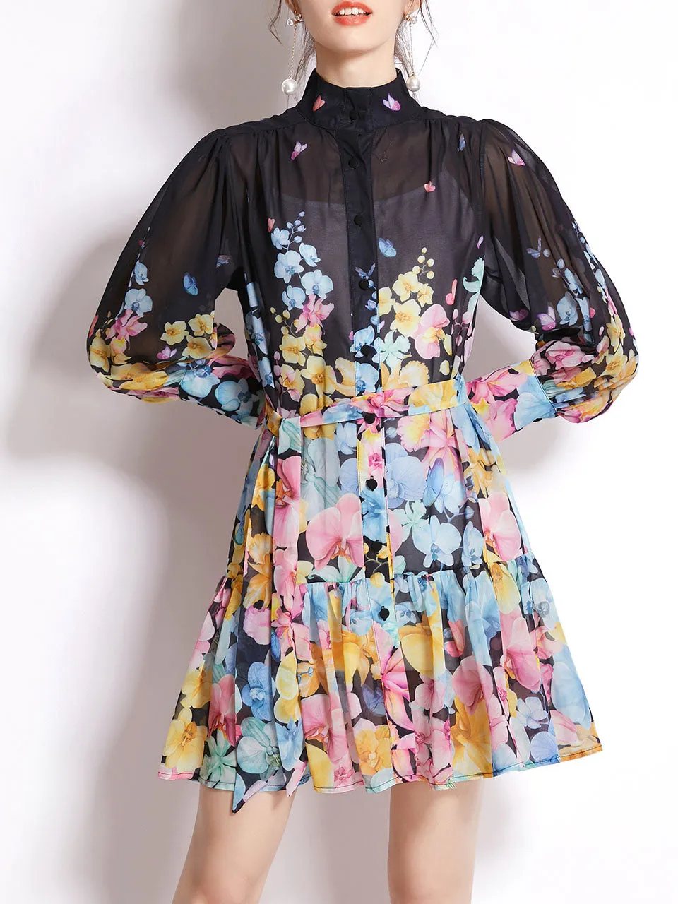 White High Collar Floral Print Long Sleeve Boho Dress Mini Dress