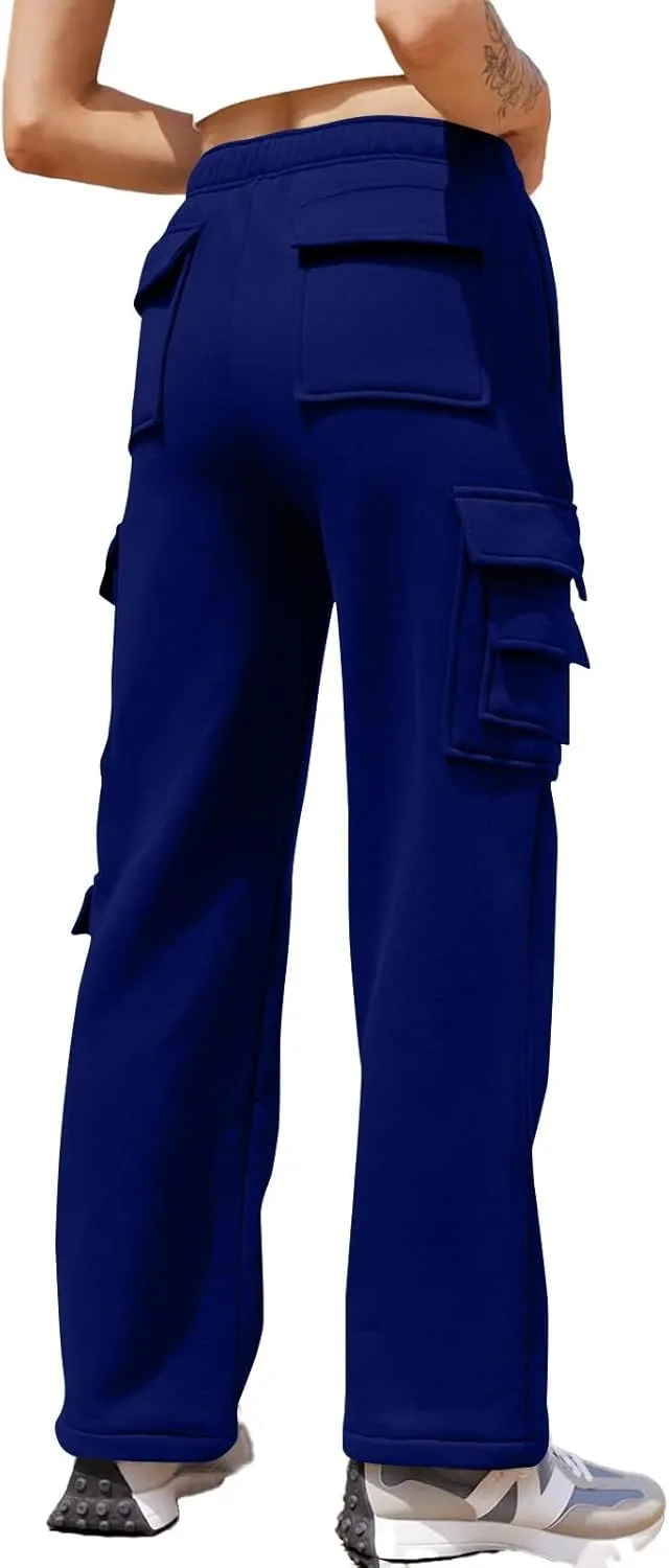 Wide Leg Sweatpants Women Baggy Elastic High Waisted Cargo Sweatpants Casual Comfy Fleece Joggers with Pockets