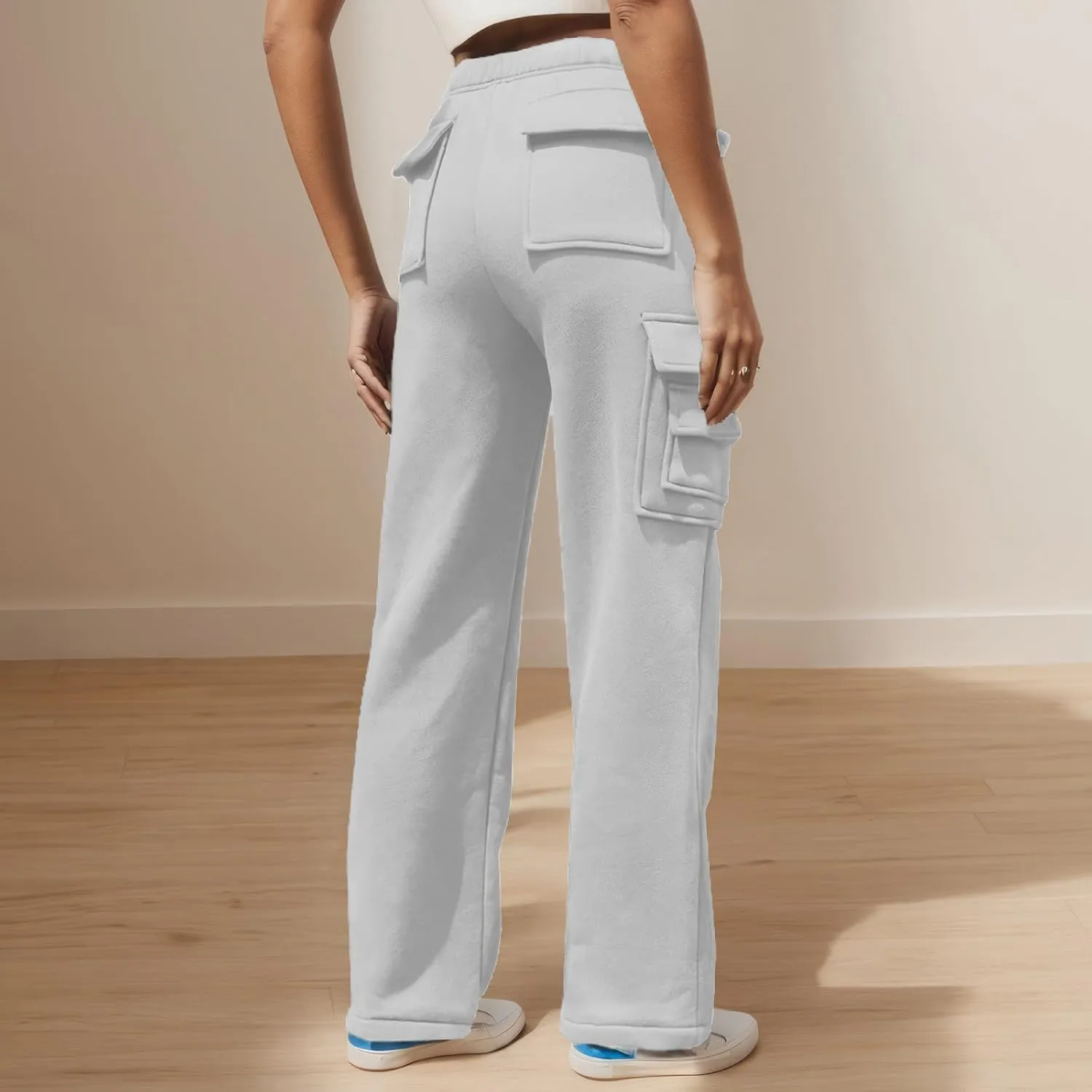Wide Leg Sweatpants Women Baggy Elastic High Waisted Cargo Sweatpants Casual Comfy Fleece Joggers with Pockets
