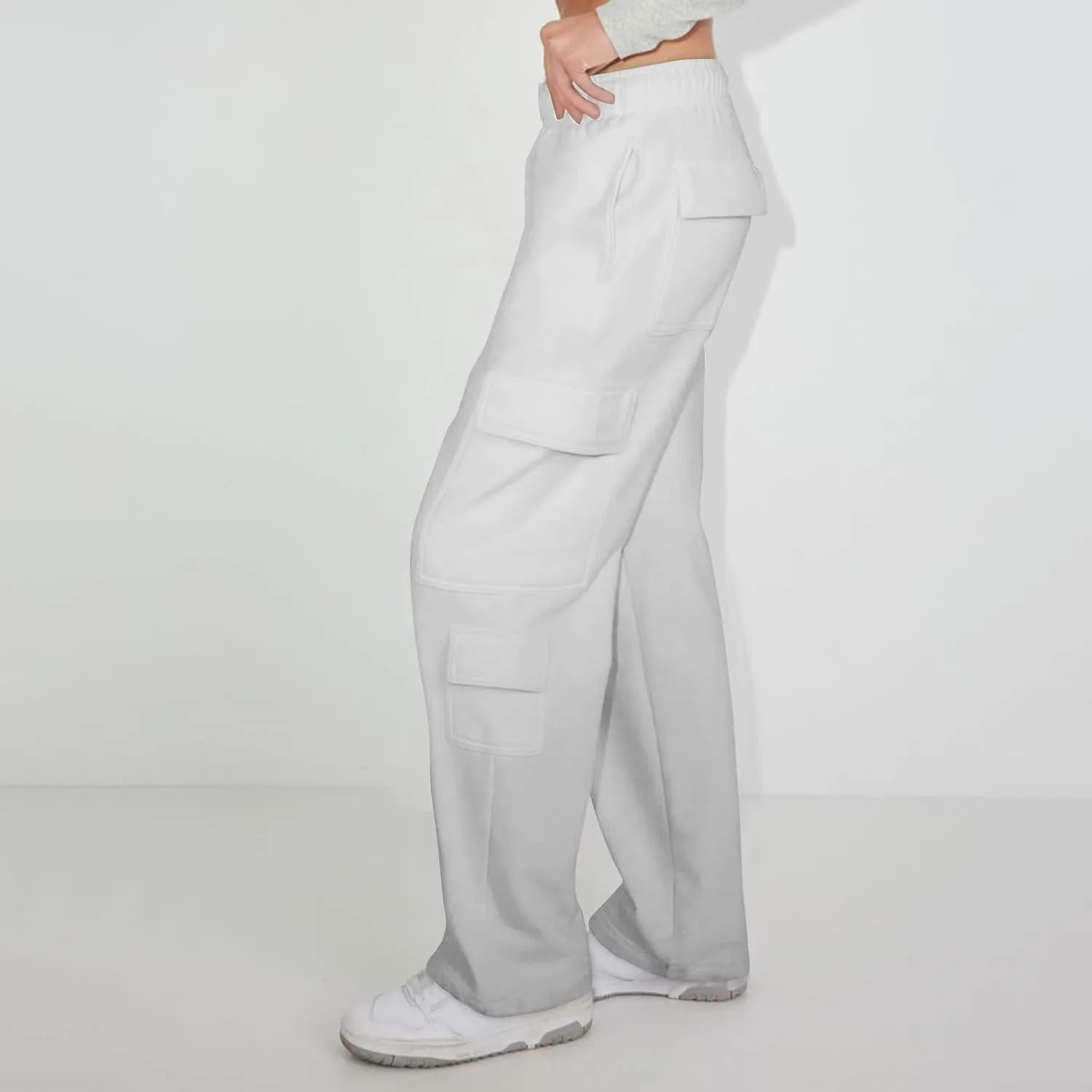 Wide Leg Sweatpants Women Baggy Elastic High Waisted Cargo Sweatpants Casual Comfy Fleece Joggers with Pockets