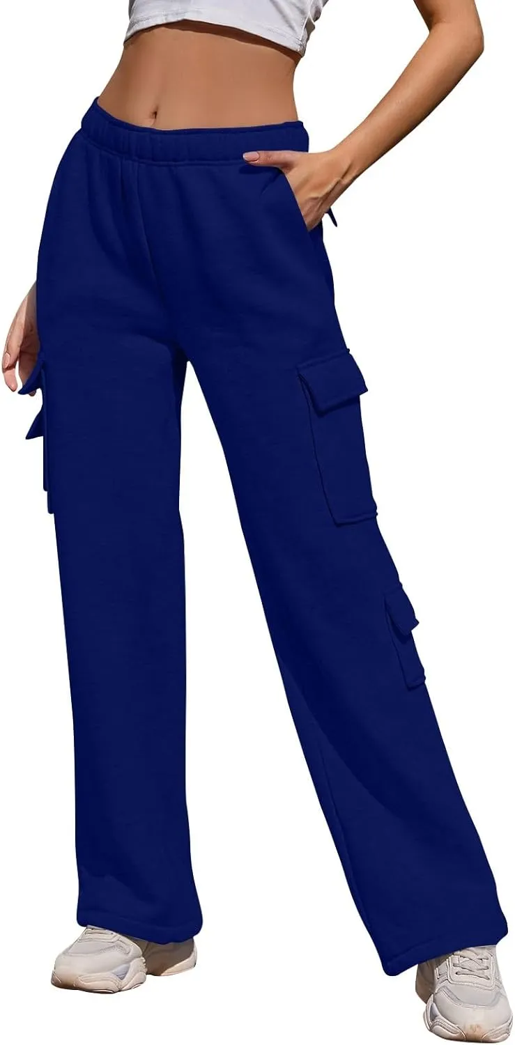 Wide Leg Sweatpants Women Baggy Elastic High Waisted Cargo Sweatpants Casual Comfy Fleece Joggers with Pockets