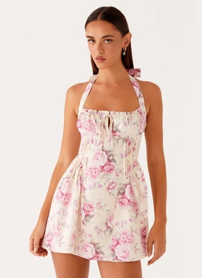 Rosalie Halter Mini Dress - Vintage Pink Floral Summer Mood