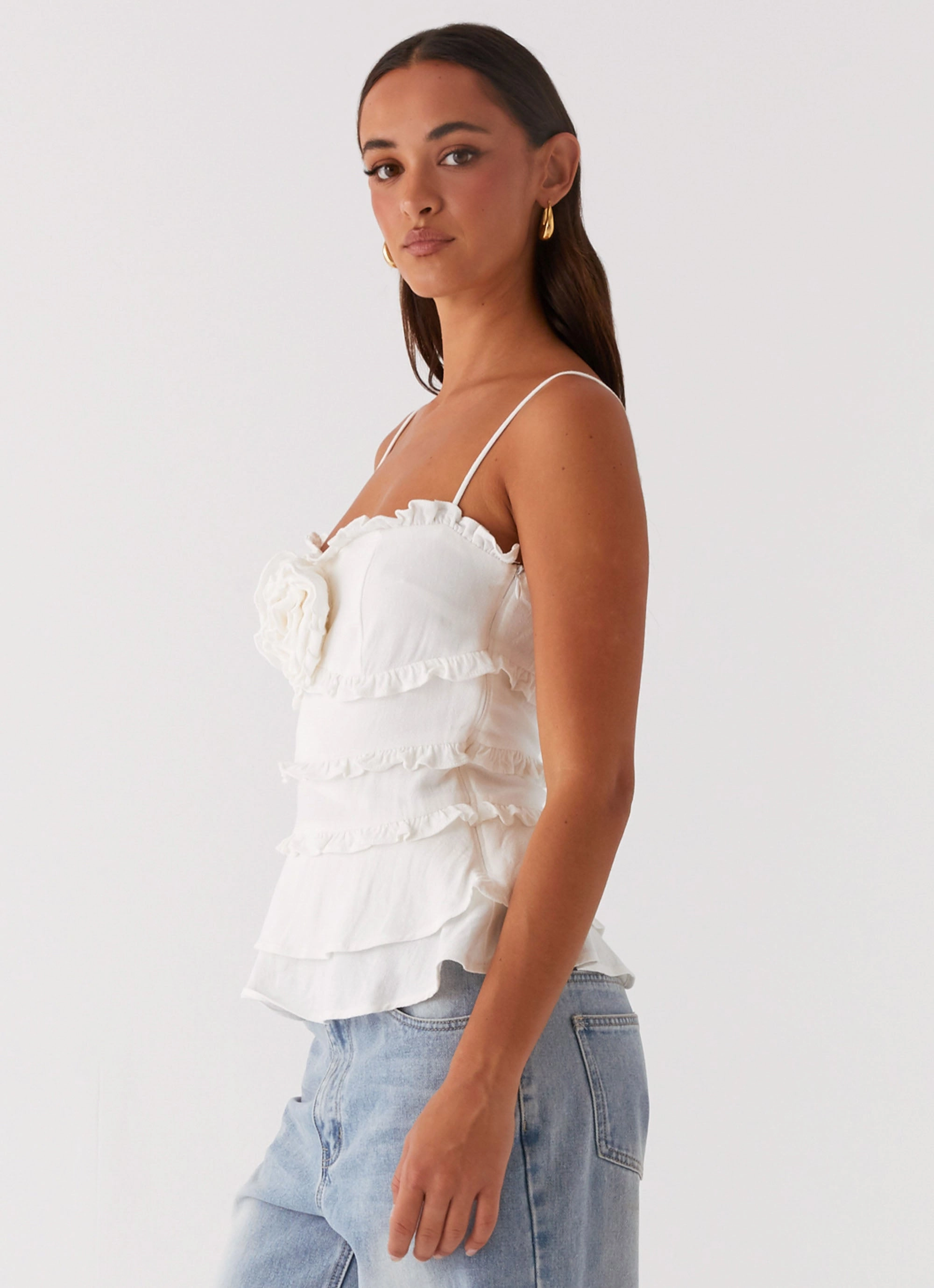Layered Sleeve Wilde Linen Rose Top - White