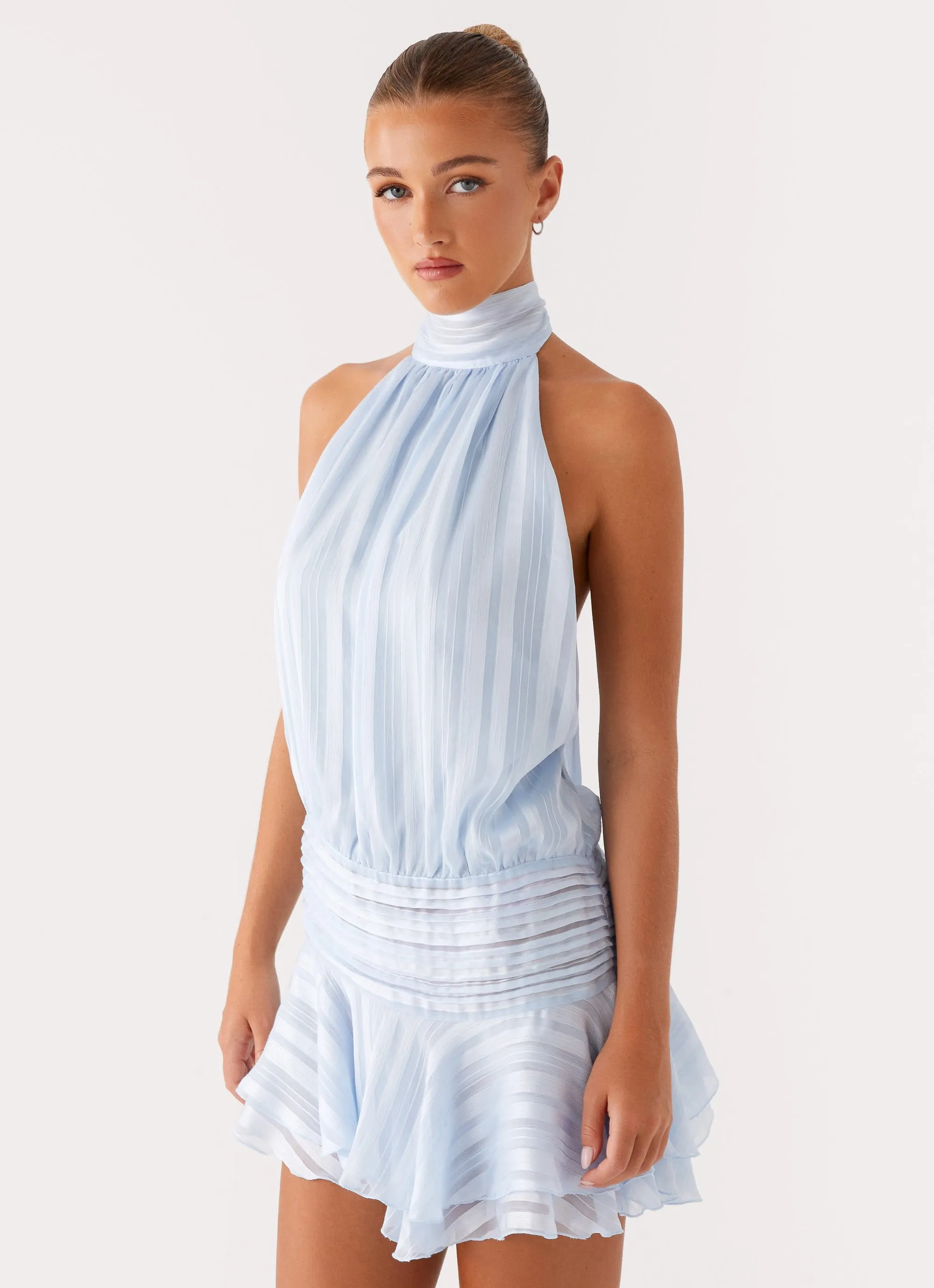 Slender Look Scoop-Neck Willow Chiffon Mini Dress - Blue