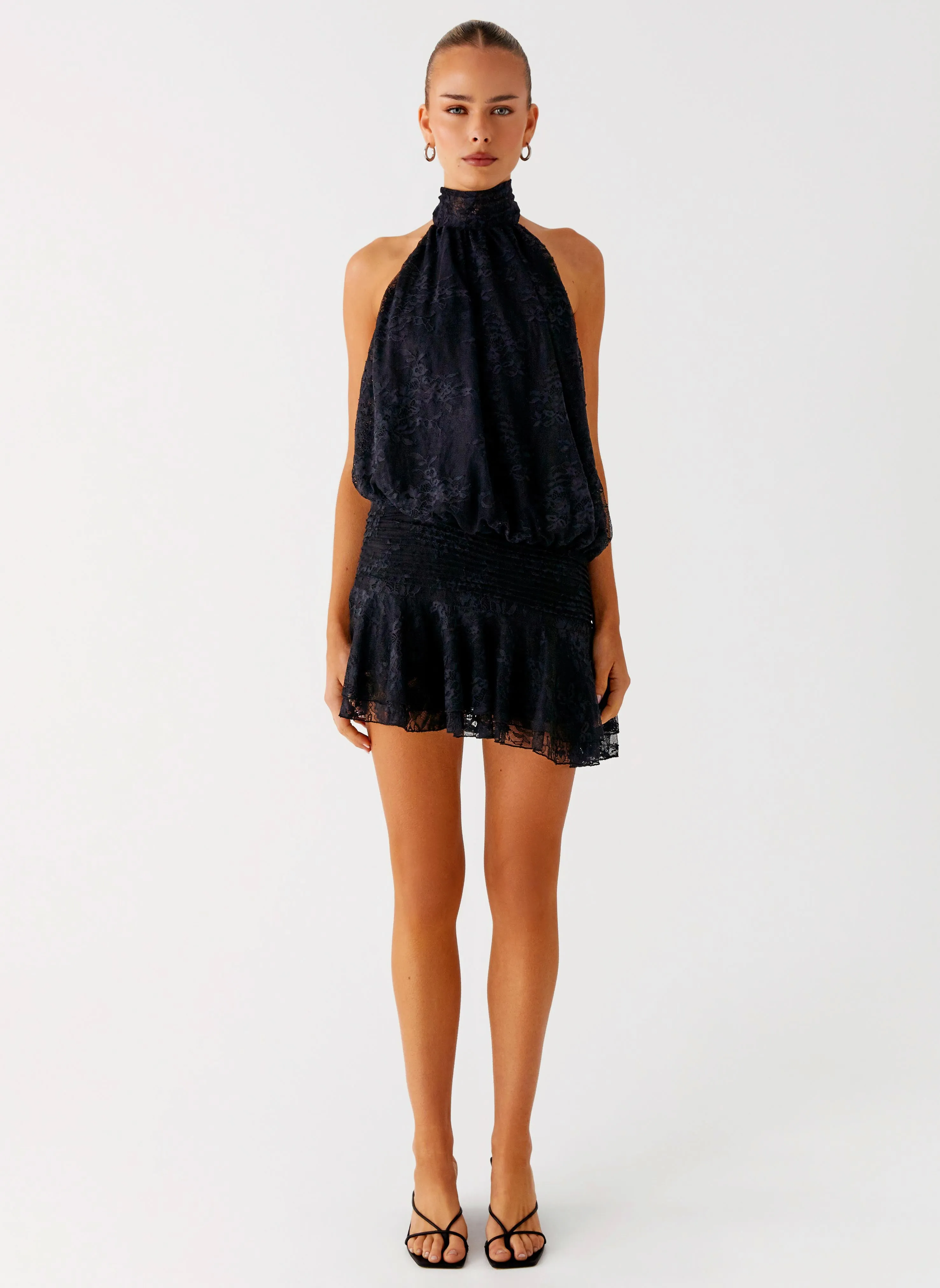 Willow Lace Mini Dress - Black Lace Lower Hem Dropped-Waist