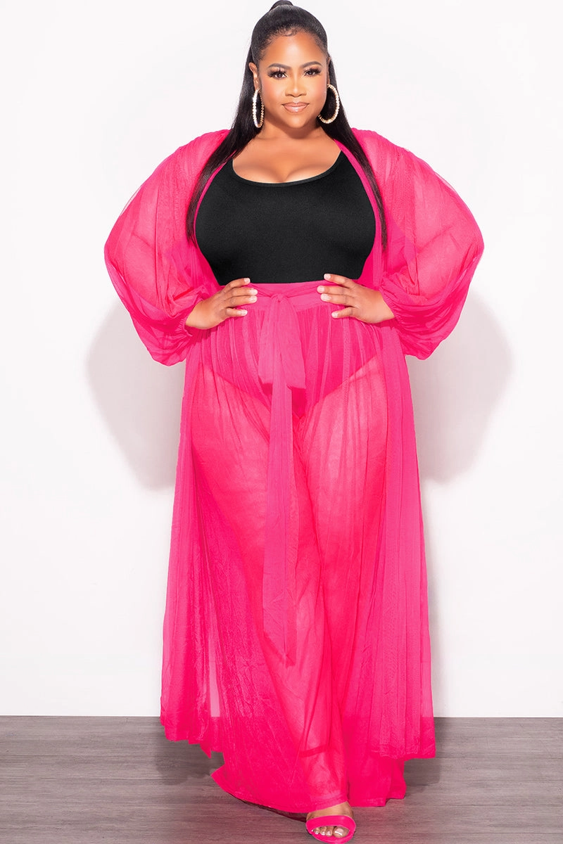 Final Sale Plus Size 2pc Sheer Duster and Pants Set in Fuchsia Smooth Texture