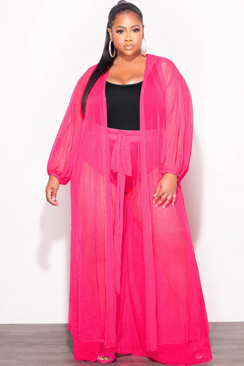 Tough Build Final Sale Plus Size 2pc Sheer Duster and Pants Set in Fuchsia