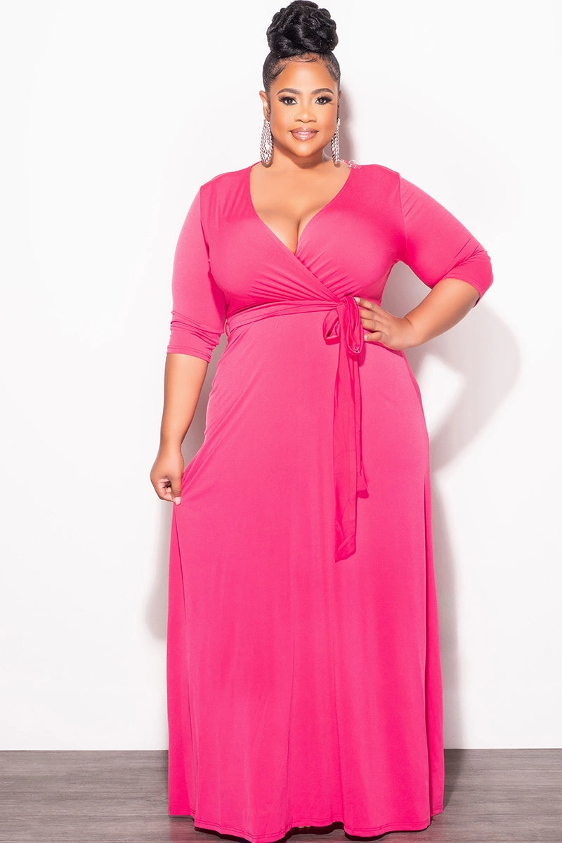 Chilly Comfort Final Sale Plus Size Faux Wrap Dress in Pink Fuchsia