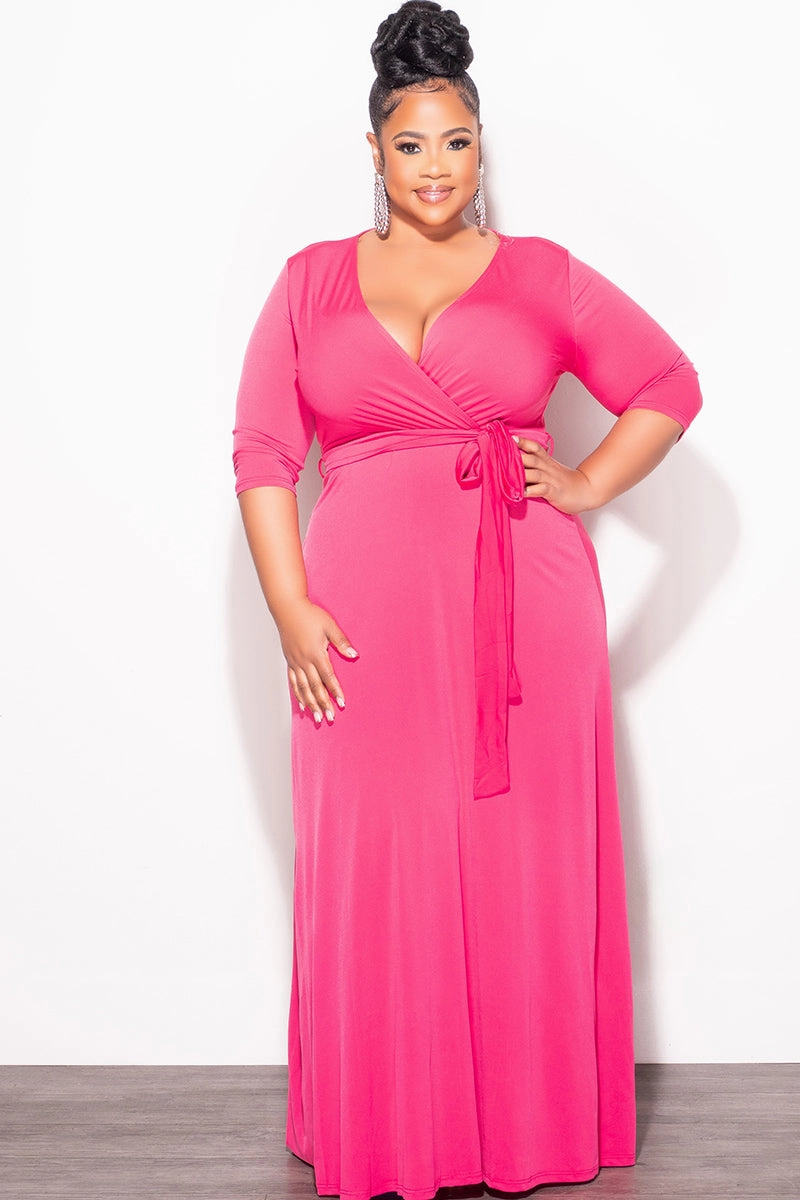 Trendy Comfort Simple Cut Final Sale Plus Size Faux Wrap Dress in Pink Fuchsia