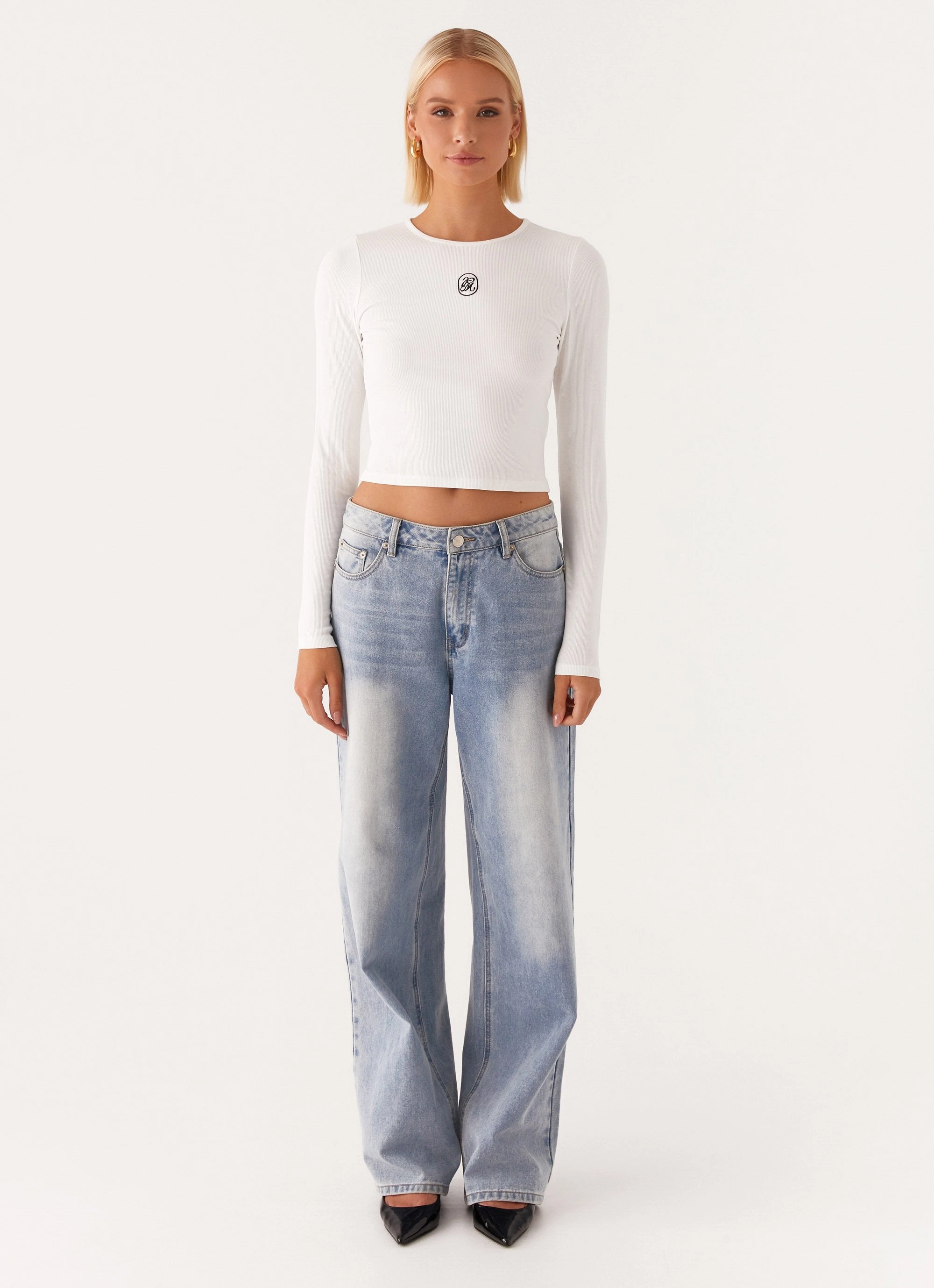 High Collar Design Zero Waste Cut Pattern Signature Monogram Long Sleeve Tee - Off White