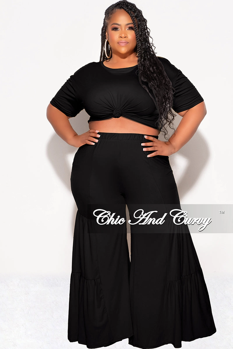 Final Sale Plus Size 2pc Crop Tie Top and 3-Layer Pants Set in Black Urban Look Cozy and Relaxed