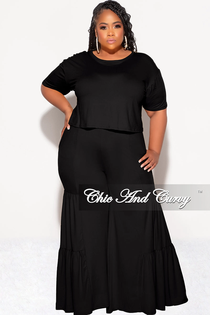 Final Sale Plus Size 2pc Crop Tie Top and 3-Layer Pants Set in Black Move Friendly Flexible Durability