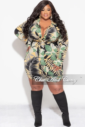 Final Sale Plus Size Faux Wrap BodyCon Dress in Mustard Black and Olive Palm Print Casual Performance