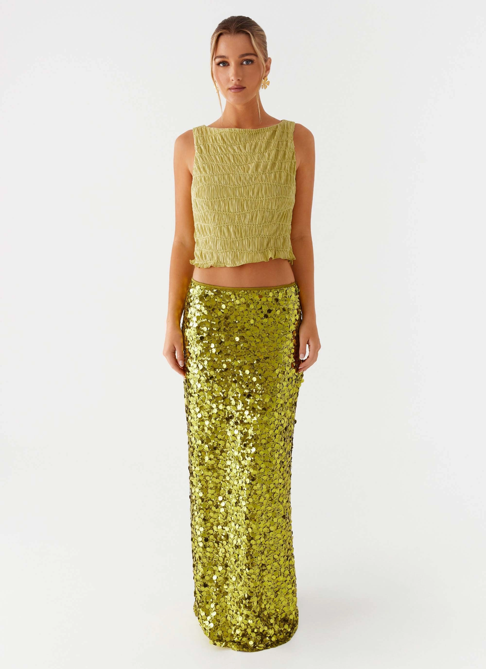 Core Ease Perfect Places Low Rise Sequin Maxi Skirt - Olive