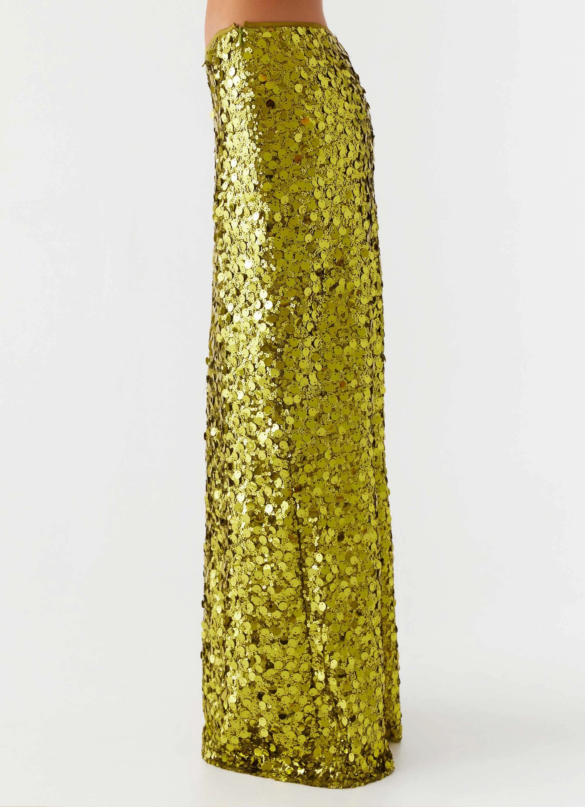 Loose Design Fashionable Waist Perfect Places Low Rise Sequin Maxi Skirt - Olive