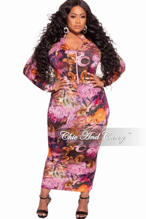 Final Sale Plus Size Bodycon Dress in Fuchsia Multi-Color Print Modern Comfort High Density Weave