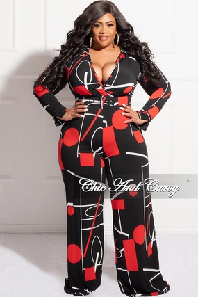 Final Sale Plus Size Collar Faux Wrap Jumpsuit with Waist Tie in Black, Red, & White Print Outdoor Comfort Fit