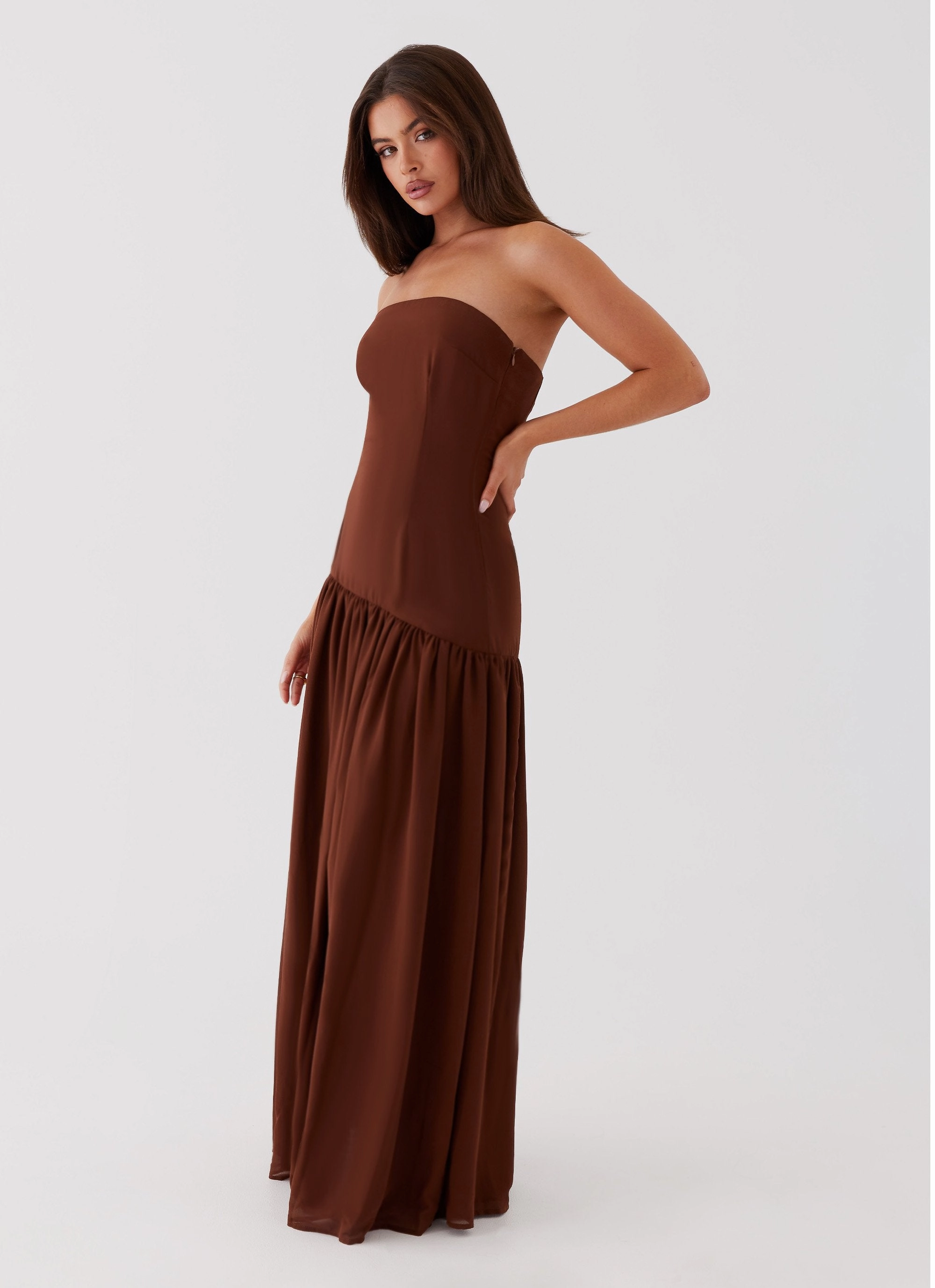 Guest Glam Tulle-Overlay Eden Strapless Maxi Dress - Brown