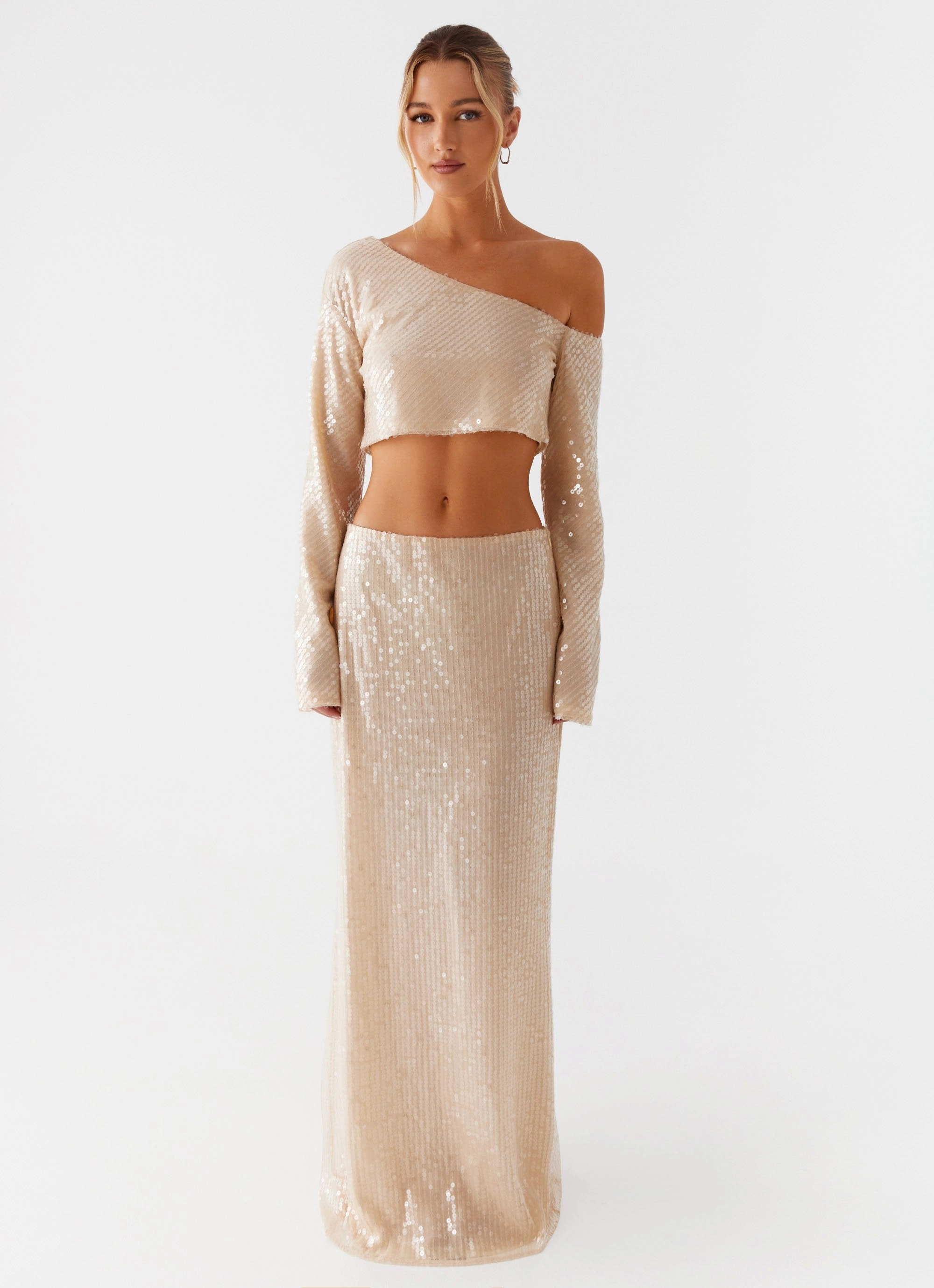 Wisteria Low Rise Sequin Maxi Skirt - Champagne Soft Touch