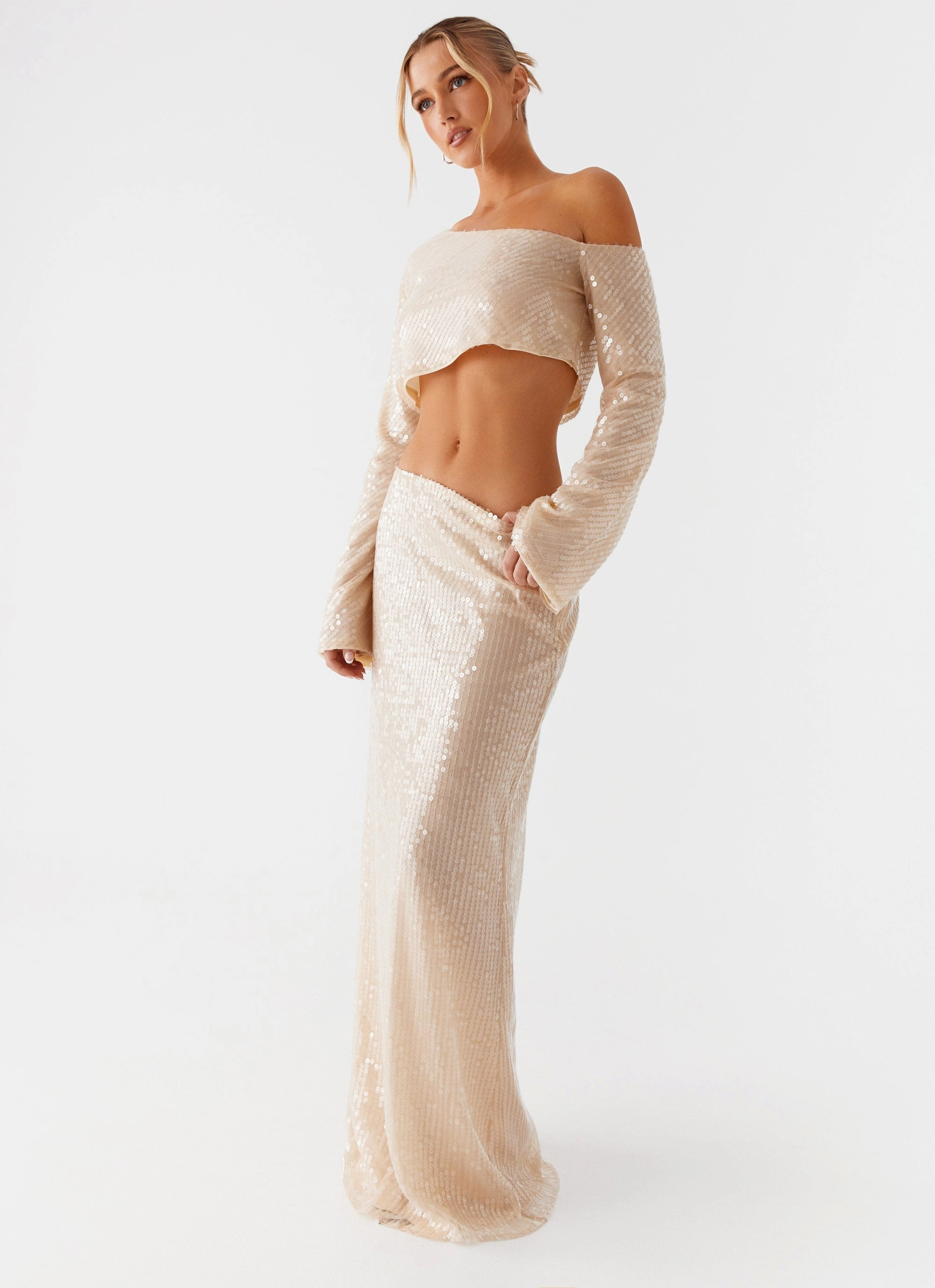 Roomy Shape Wisteria Low Rise Sequin Maxi Skirt - Champagne